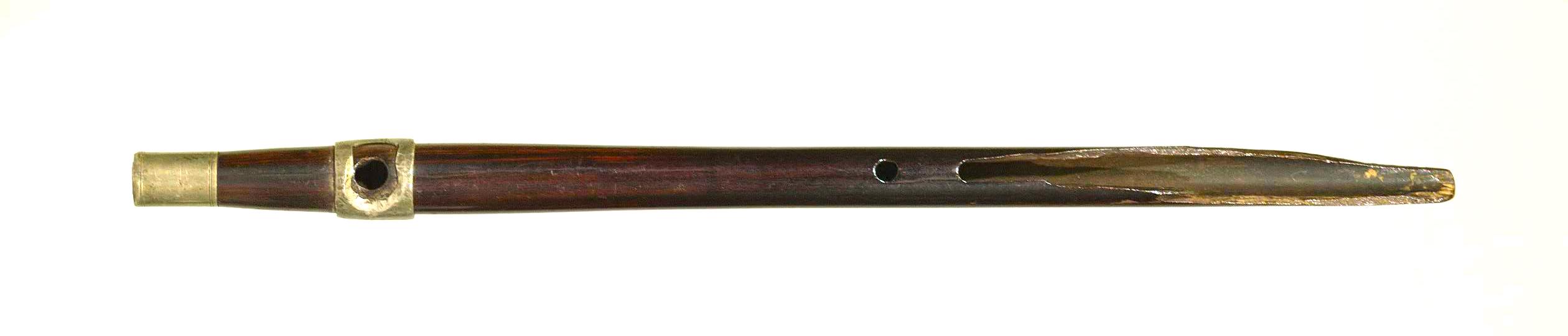 Civil War–era fife. From the description: "Army Fife...formerly had a lead mouthpiece fitted on; the blow-pipe has been cut away, leaving the lead ring around body. Also had a silver ferrule with inscription, now lost." It was used in the war of of 1861 by Miller's father (and another soldier) in the "Squirrel Hunters." Kept in a basket of Miller's childhood playthings, it was broken because he banged it around while playing with it. Dayton C. Miller Collection, Music Division, Library of Congress.